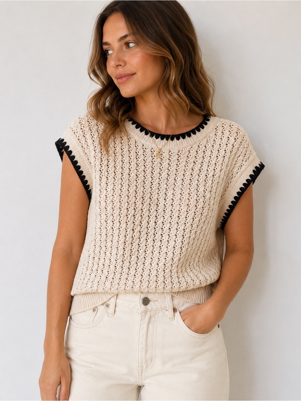 The Workshop Women’s Small Crochet Open Knit Sweater Vest Cream Black